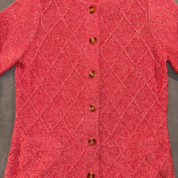 LL Bean Womens Red Pink Long Button Down Cardigan Diamond Knit 100% Cotton Small - Picture 6 of 14